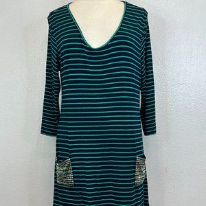 Soft Surroundings Long Sleeve Green and Navy Striped T-Shirt Dress Size XL